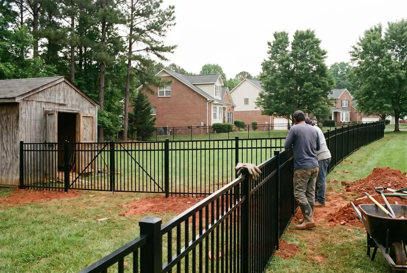 Four-foot black aluminum fence around a sloped backyard with a double gate (sample photo)