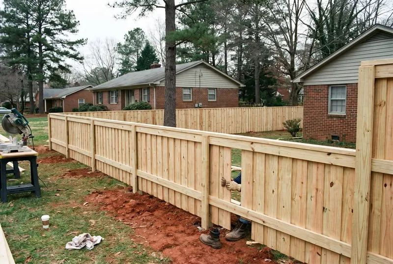 Board-on-board pine privacy fence with a cap rail and trim on a corner lot (sample photo)