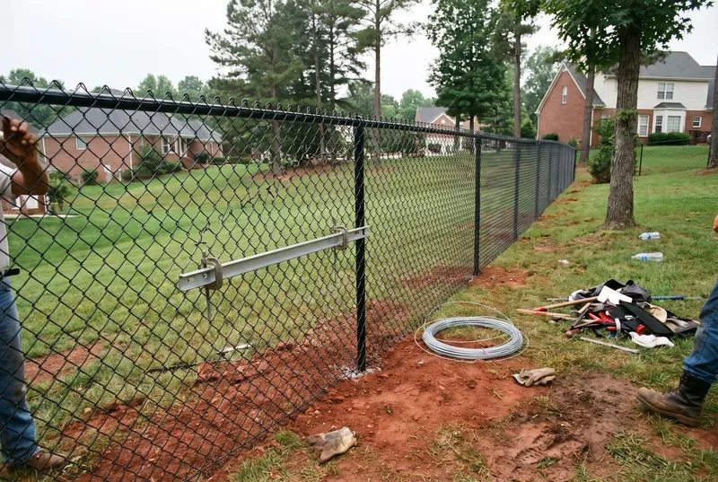 Black vinyl-coated chain link fence along a side yard (sample photo)
