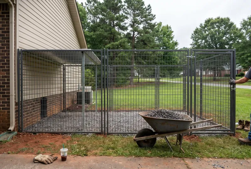 Welded wire kennel run with a gravel floor and a shade roof (sample photo)