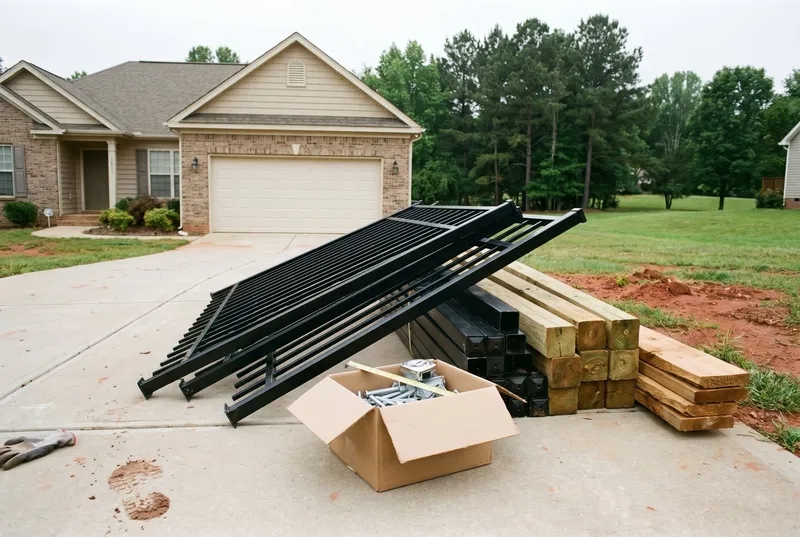 Aluminum panels, posts and pine lumber stacked on a Mint Hill driveway (sample photo)