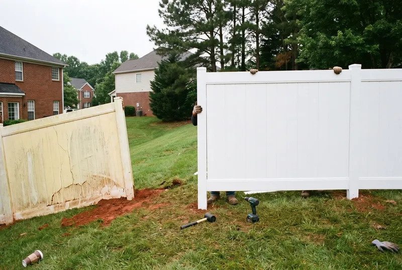 New vinyl privacy panel set beside a cracked old one (sample photo)