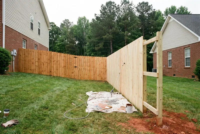Pine privacy fence half stained in a semi-transparent cedar tone (sample photo)