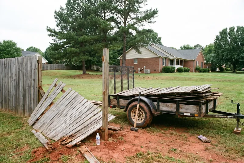 Rotted 1990s pine privacy fence half torn out and stacked in a trailer (sample photo)
